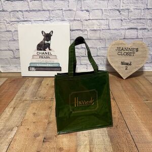 VTG Harrods Shopping Bag Tote Glossy Vinyl Cotton PVC Green Vintage